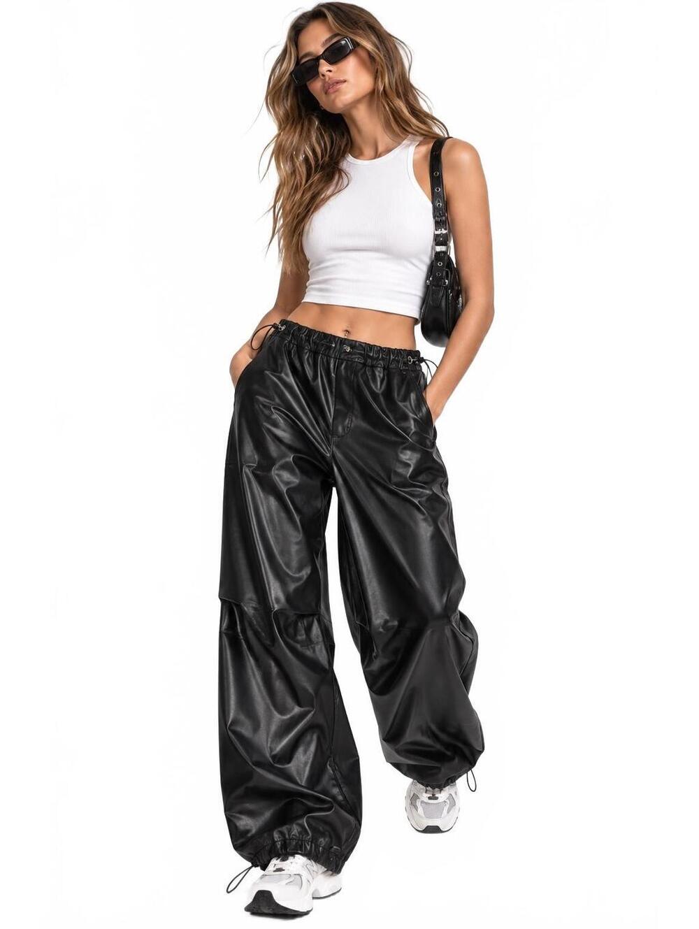 Love Tree Black Faux Leather Adjustable Wide Leg Pants Y2K L